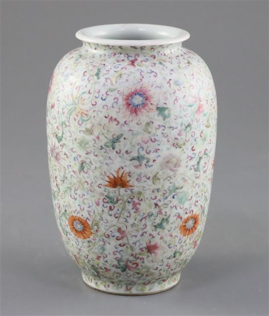 A Chinese famille rose ovoid vase, Qing dynasty, H. 15cm, drilled hole to side of base